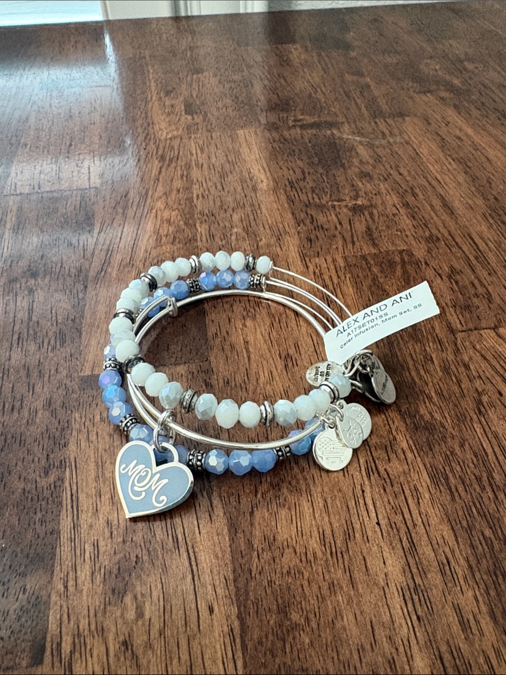 Alex and Ani Blue & White Beaded Mom Charm Bracelet Set